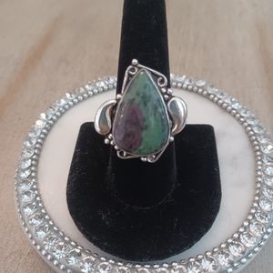 Green & Purple Teardrop Antique Beaded Chrysocolla Ring Size 8 3/4